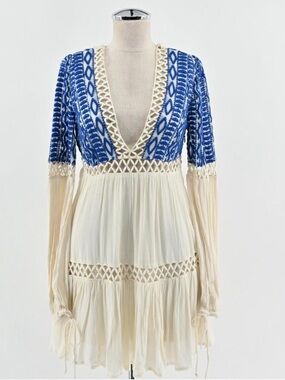 Free People Blue and Cream Boho Crochet-Trim Mini Dress